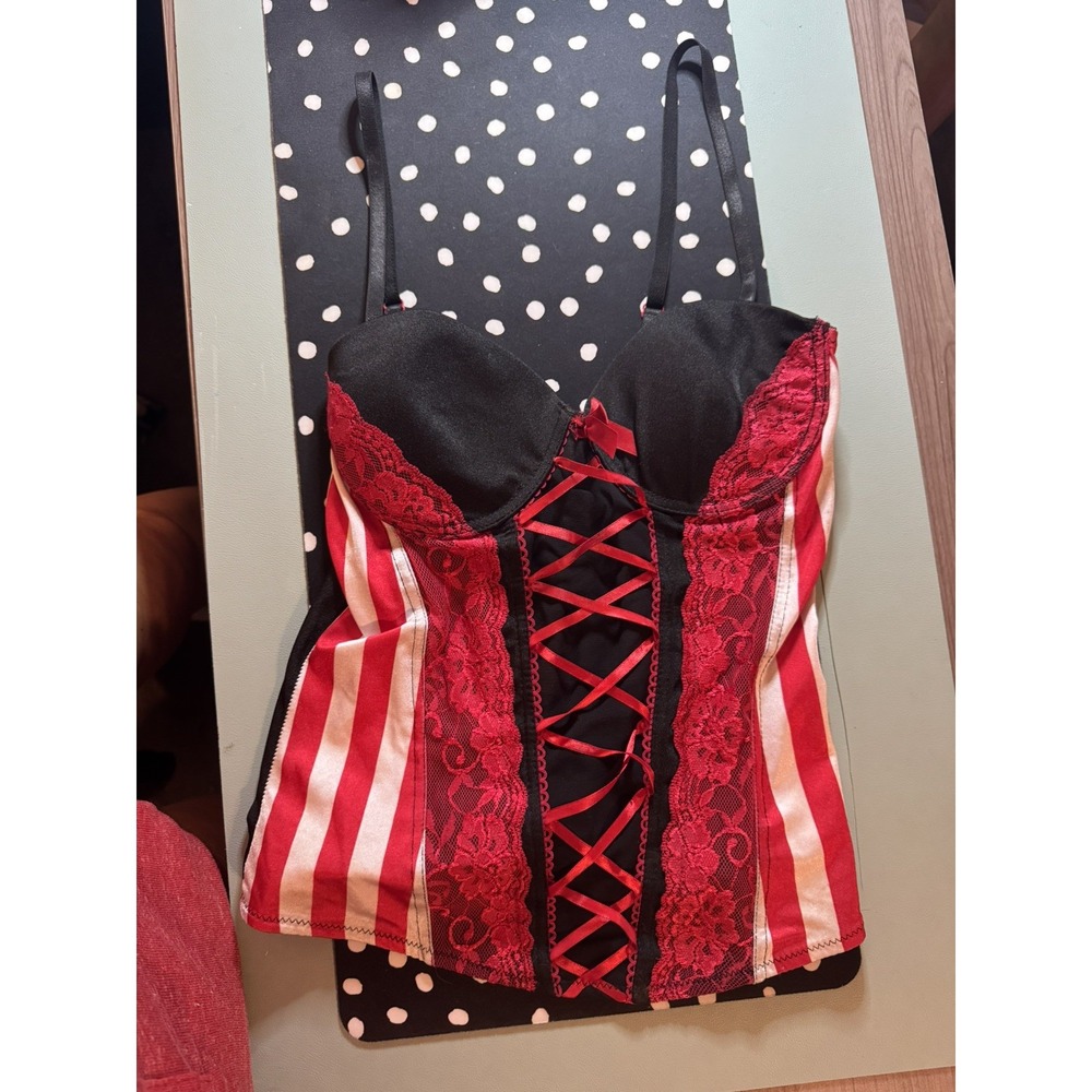 Spirit Halloween Black White Red Striped Lace Corset Tank Halloween Costume L